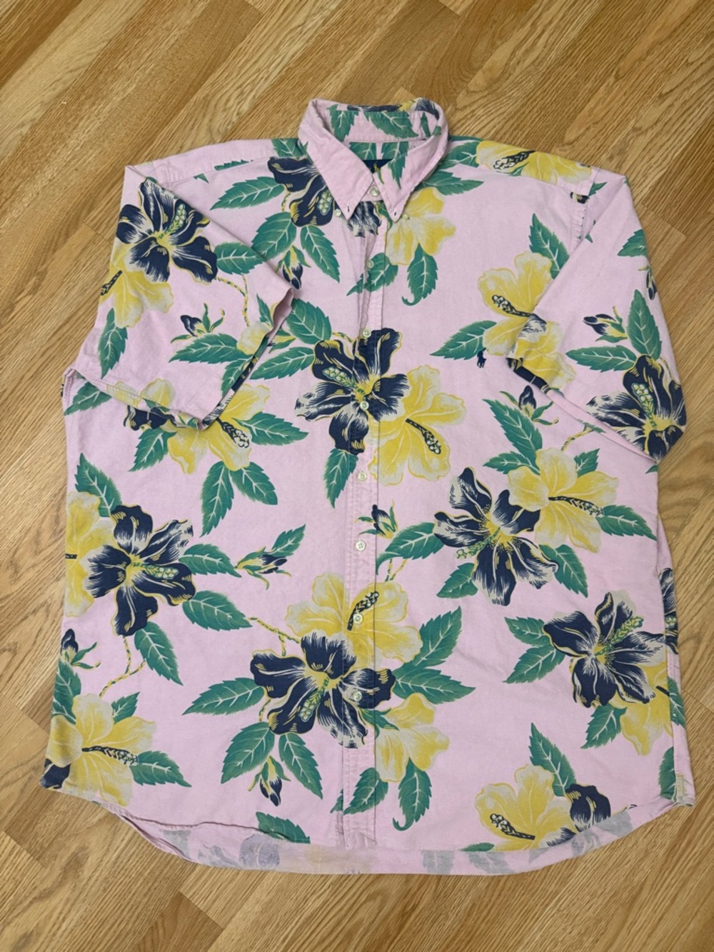Polo Ralph Lauren Oxford Button Front Shirt Pink Floral Hibiscus Men's XLT